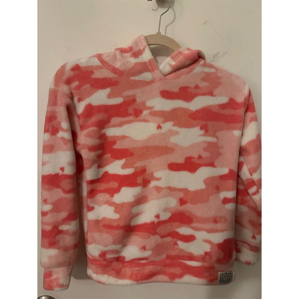 Lucky Brand Girls Pink Camouflage Fuzzy Hoodie Size 10-12 Pullover